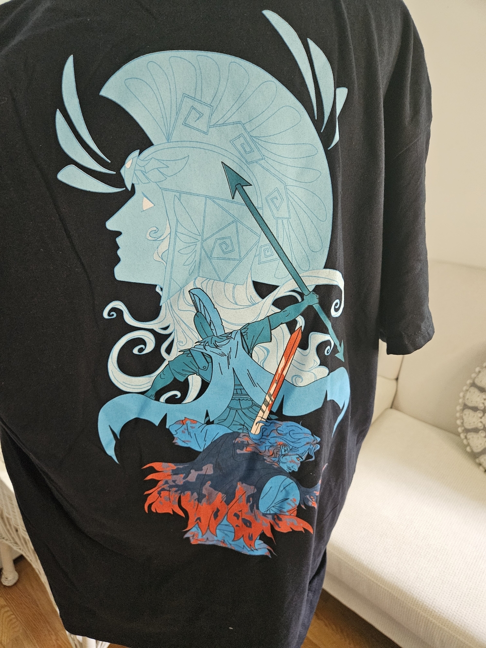 Gildan Black Tee with Blue & Red Mythic Warrior Graphic. Epic P82